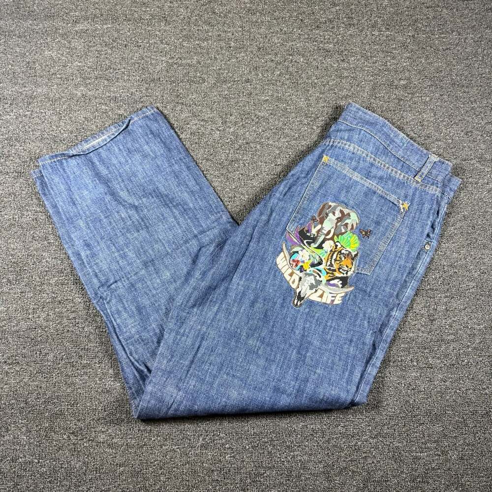 Y2K Lrg Wild Life Embroidered Jeans Size 40 Blue Denim